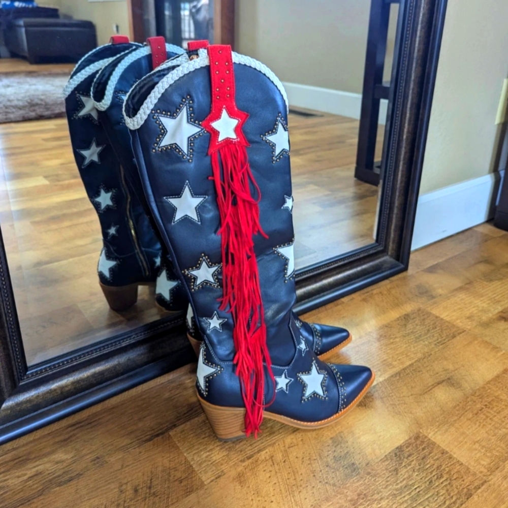 Knee-High Star-Studded Western Patriotic Boots - Navy and Red Ladies Sz 8